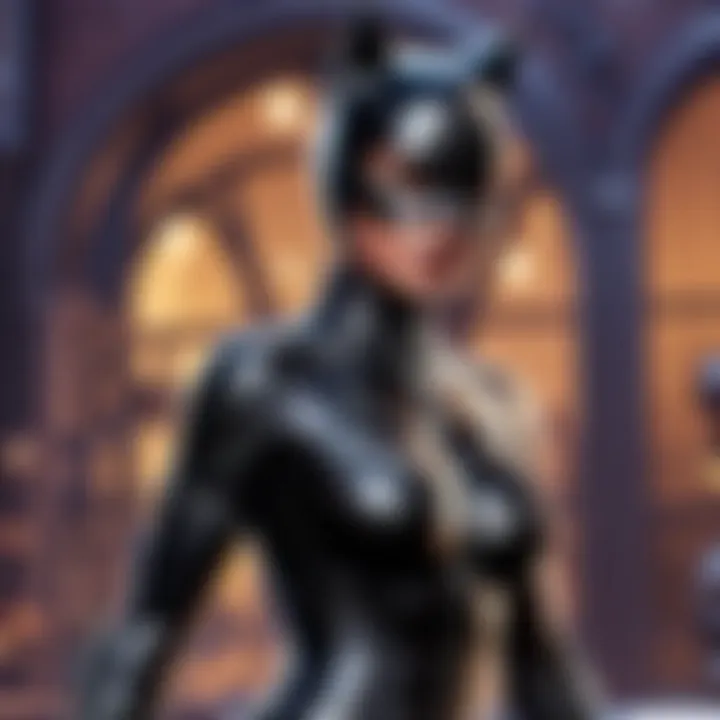 Close-up of intricate cat-inspired details on Catwoman costume