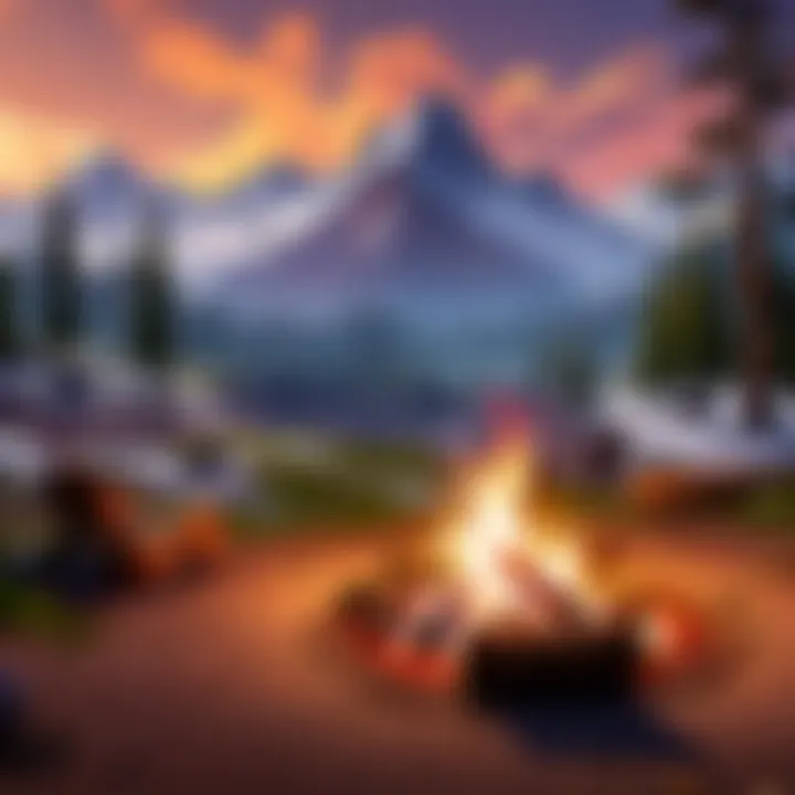 A cozy campfire illuminating a rocky mountain backdrop