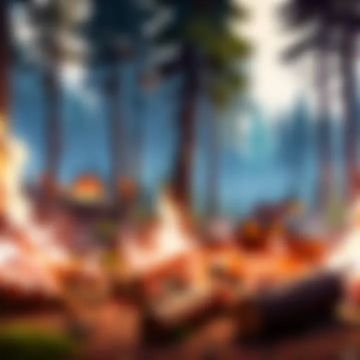 A crackling campfire surrounded by lush forest foliage