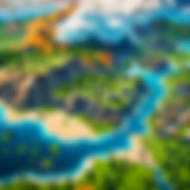A colorful Fortnite map showcasing different terrains.