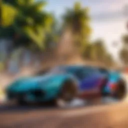 A dynamic in-game scene featuring a Lamborghini racing through a vibrant virtual landscape.
