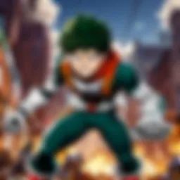 A dynamic gameplay scene featuring iconic characters from My Hero Academia battling in a vibrant arena.