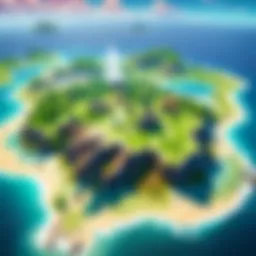 An aerial view of a vibrant battle island in Fortnite, showcasing diverse terrains and structures.