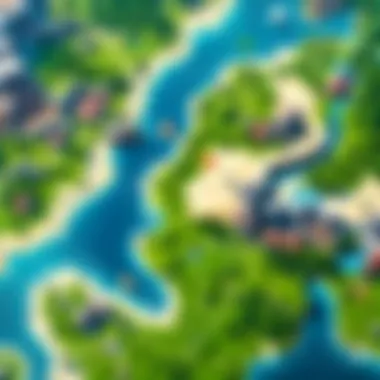 A vibrant landscape depicting the iconic Fortnite map