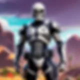 Skulltrooper costume displayed in a vibrant Fortnite landscape