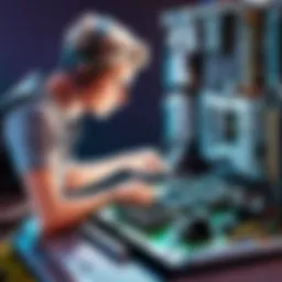 Repair technician examining computer motherboard