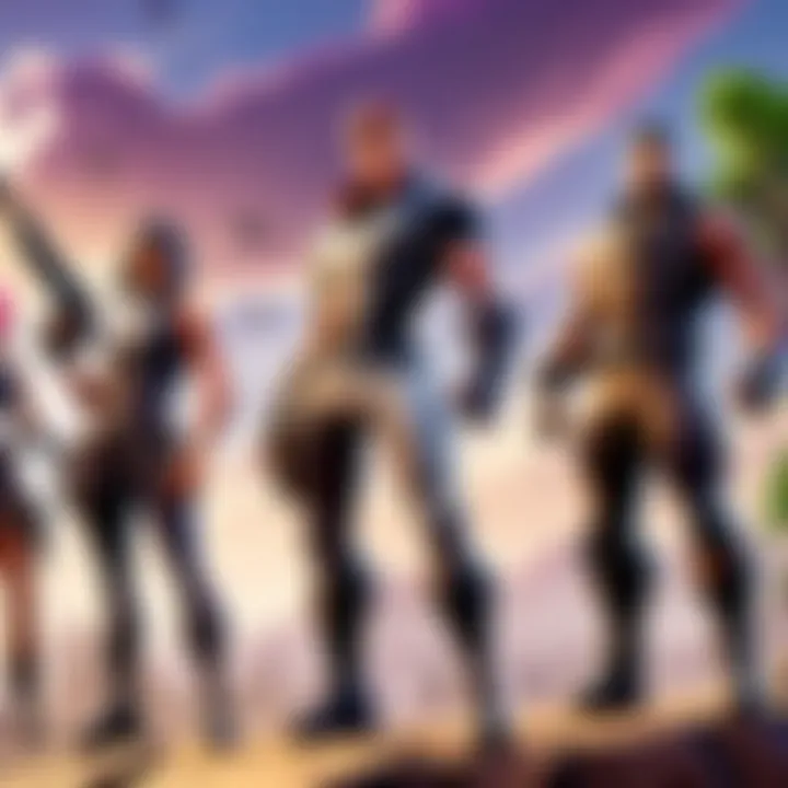An artistic representation of Fortnite characters engaging in a dynamic battle scene