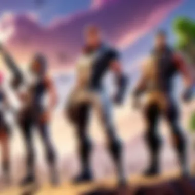 Dynamic Characters in Action An artistic representation of Fortnite characters engaging in a dynamic battle scene