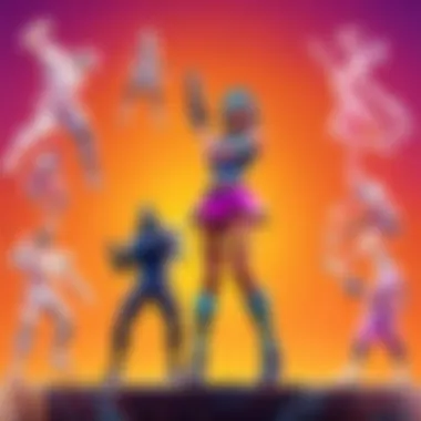 A vibrant display of Fortnite character emotes showcasing dance moves