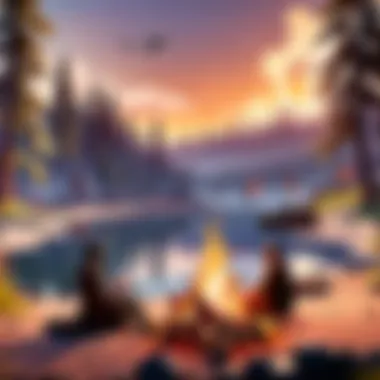 A campfire casting warm glow on a lakeside setting