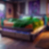 Illustration of a colorful Hulk bed in a futuristic Fortnite setting